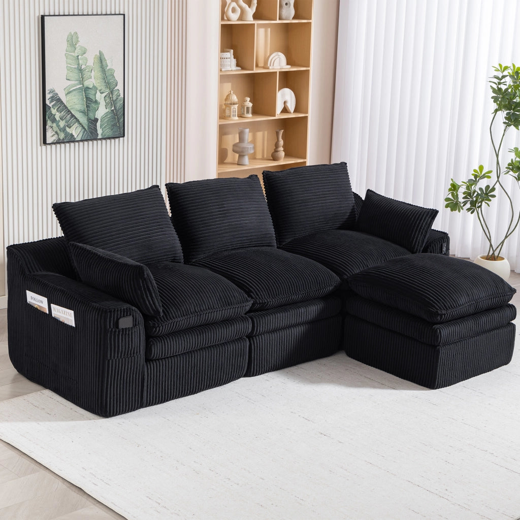 Divano modulare 3 posti in corduroy nero con pouf, tasche laterali e struttura a molle