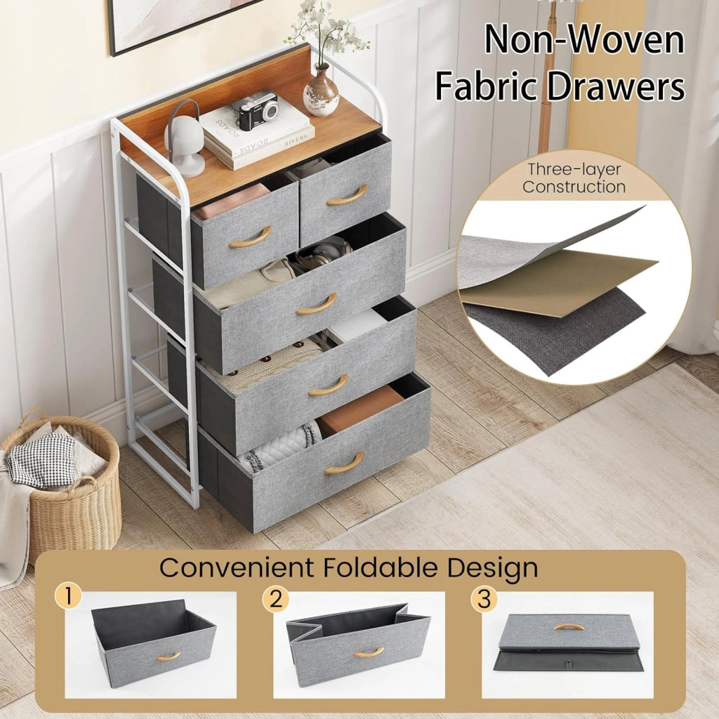 Cassettiera con cassetti in tessuto, credenze, struttura in acciaio e pannello in legno, armadietto per camera da letto (grigio, 5 cassetti)