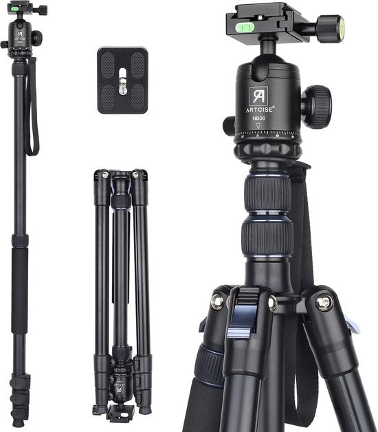 Stativo da viaggio in alluminio professionale 210cm con monopodo e testa panoramica a 360° per fotocamera DSLR - Max 15kg