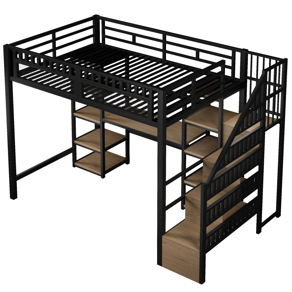 Letto a soppalco matrimoniale 140×200 cm con scrivania; LED; USB; scala contenitore; senza materasso; nero