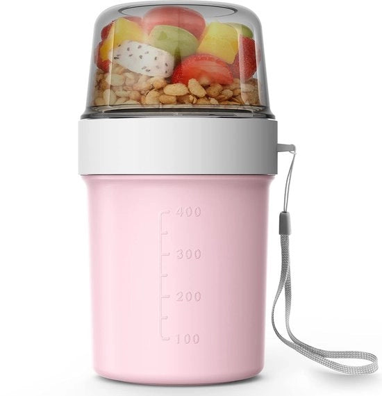 Bicchiere per cereali da asporto 560ml + 310ml bicchiere per cereali, yogurt, contenitore per pranzo per congelatore, forno a microonde e lavastoviglie (rosa)