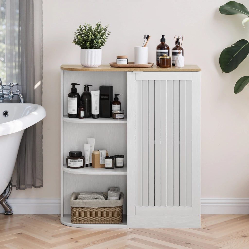 Mobile angolare con 3 ripiani aperti e ripiani regolabili - per bagno - in MDF - 68×25×76 cm - bianco e rovere