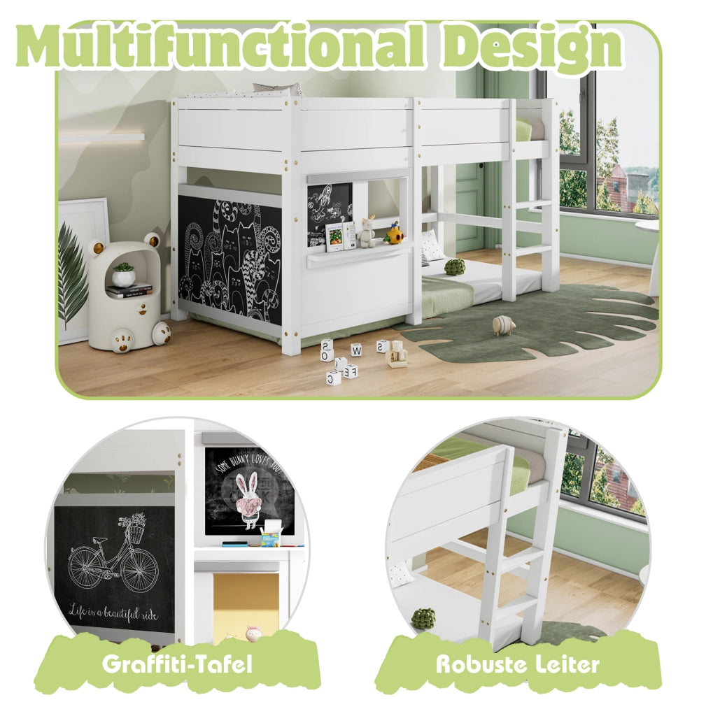 Letto a casetta per bambini con lavagna; scala a 3 gradini; 90x200 cm; in legno bianco
