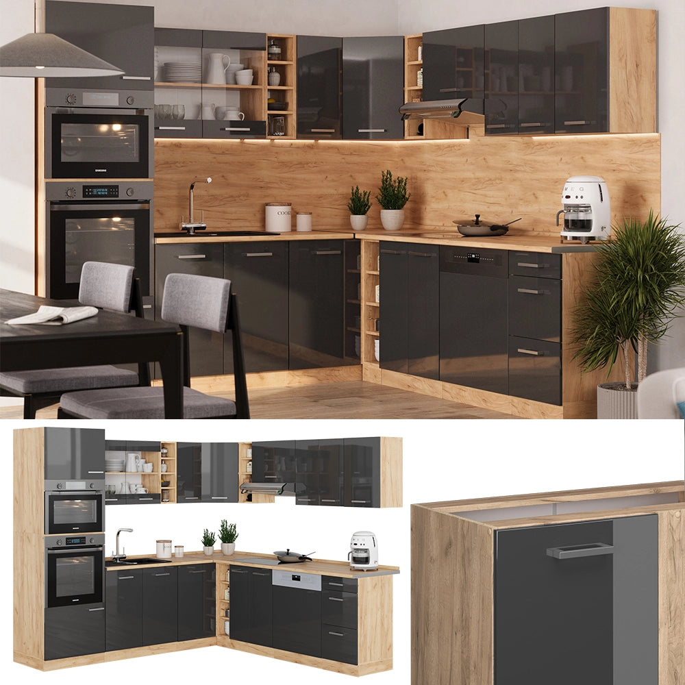 Cucina angolare completa R-Line Antracite lucido/Rovere dorato 247 x 237 cm, PL Antracite Vicco