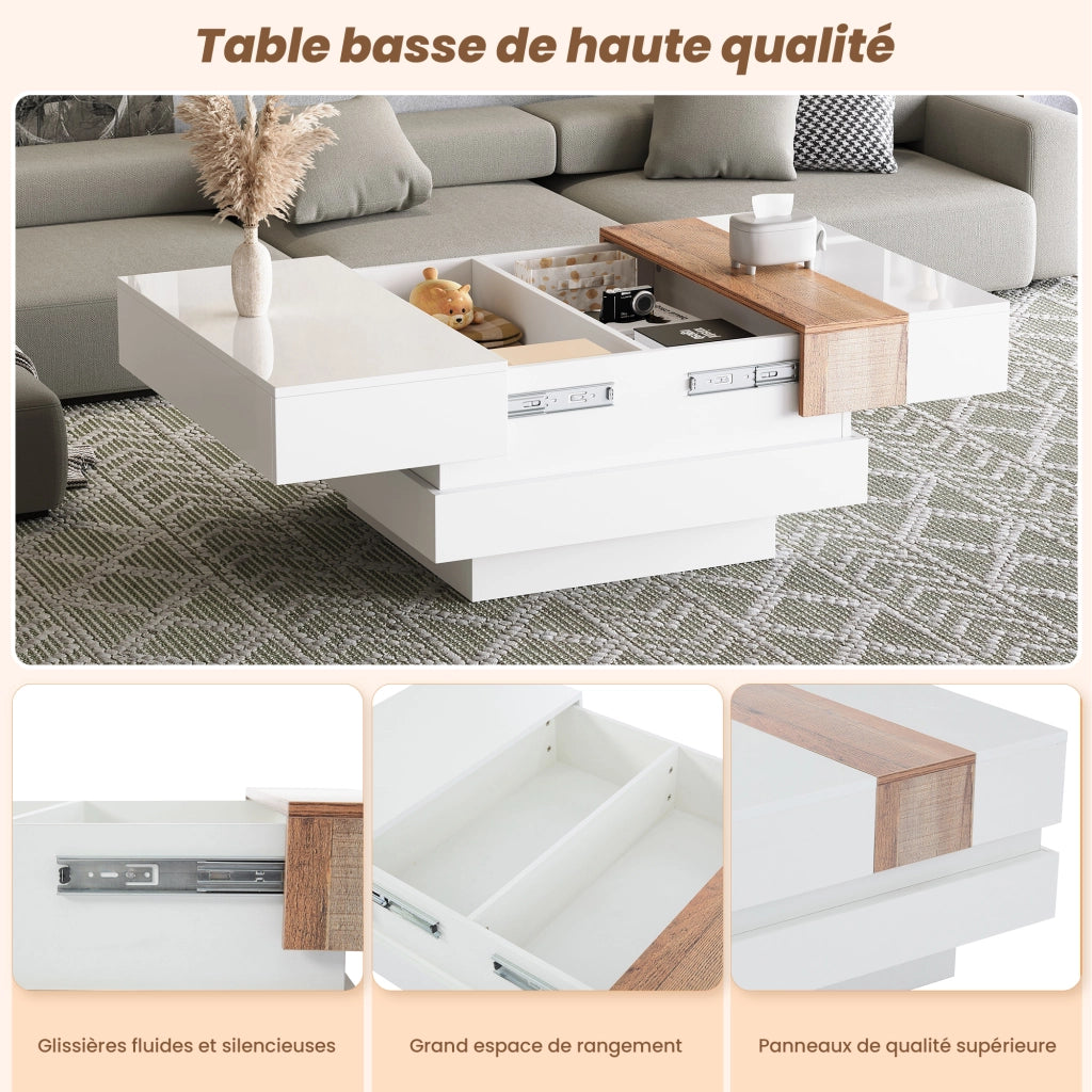 Tavolino Da Salotto Quadrato con Piano Scorrevole; Vano Contenitore Nascosto a 2 Scomparti; Bianco Lucido; in Pannello Truciolare; 70×70×39 cm