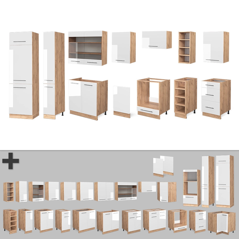 Vicco Cucina componibile Bianco lucido/oro power oak 355 cm senza piano di lavoro