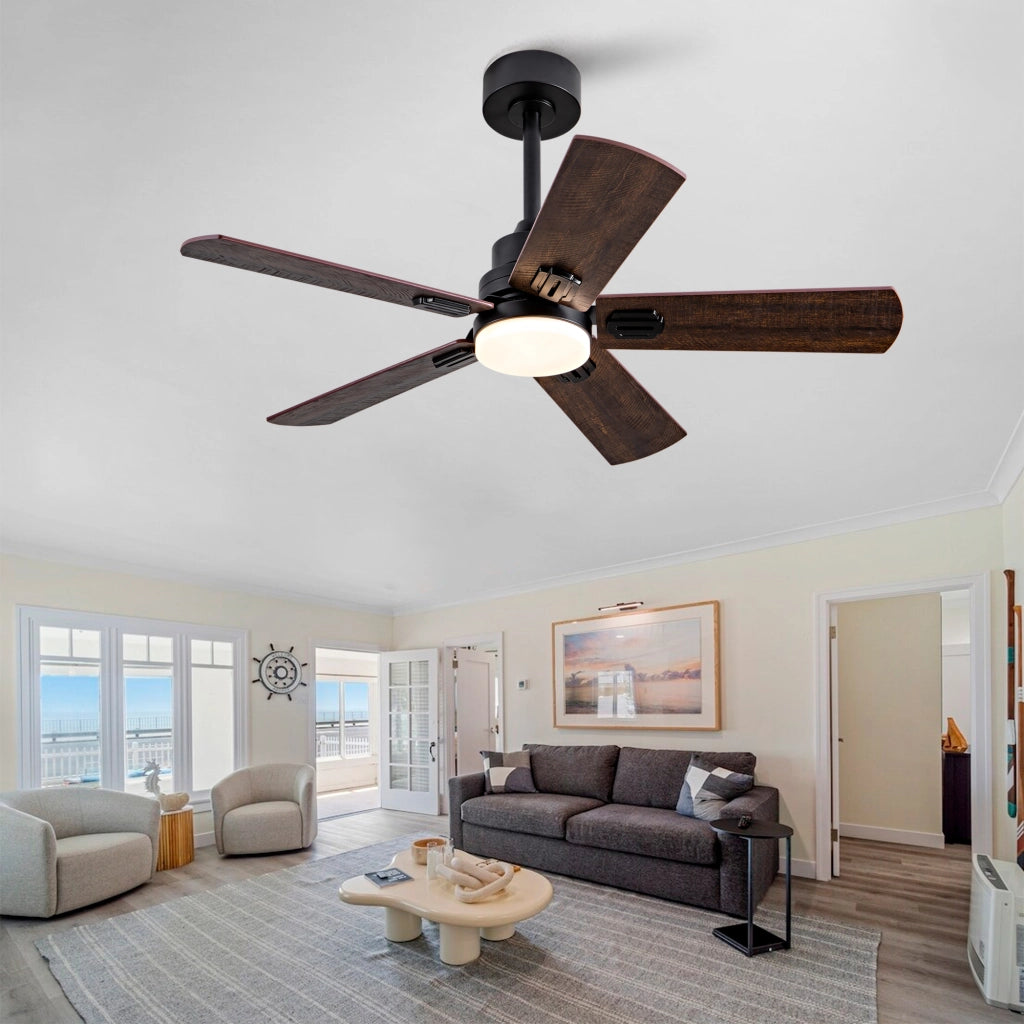 Ventilatore da soffitto esterno nero 42 pollici con luce e telecomando, 5 pale dimmerabili, per terrazze, camere e soggiorni