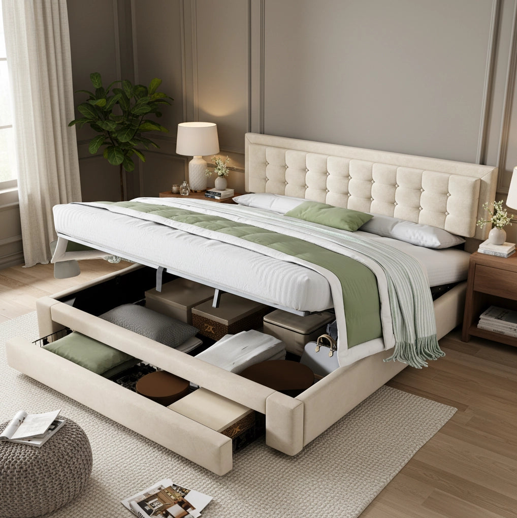 Letto imbottito con contenitore e cassetti; velluto beige; 160 x 200 cm