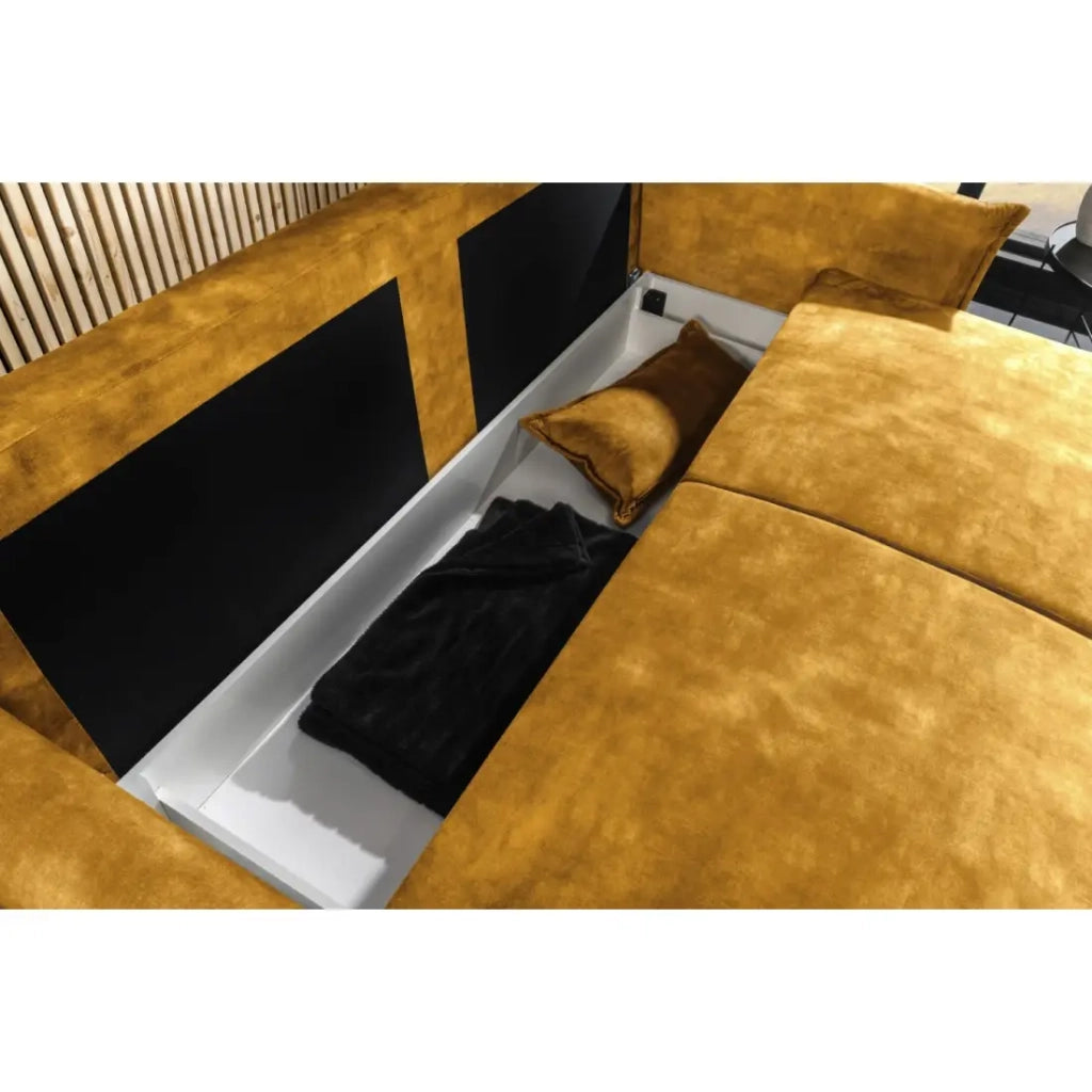 Divano dritto CALDERO giallo senape trasformabile con vano contenitore – Divano letto in velluto morbido con spazio di stoccaggio integrato