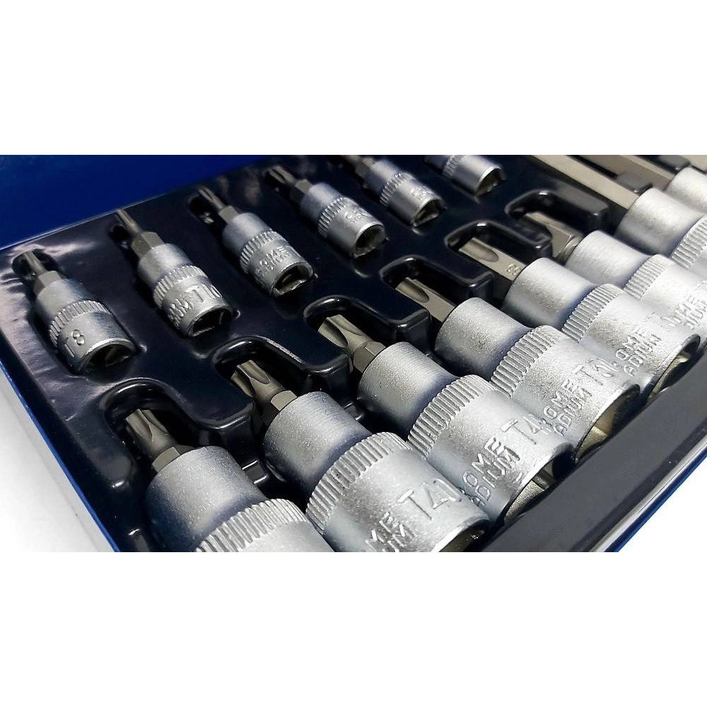 Trade Shop - Kit Set Inserti Chiavi 19 Pezzi Bussole Chiavi Torx Maschi 1/4" 1/2" In Valigia -