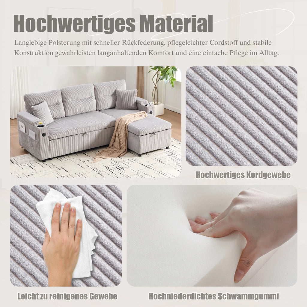 DIVANO 3 POSTI con chaise longue e letto estraibile 212,5x136x86 cm Corduroy Grigio Chiaro con USB-C