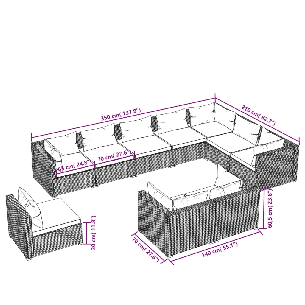 Set Divani da Giardino 10 pz con Cuscini in Polyrattan Marrone cod mxl 35186