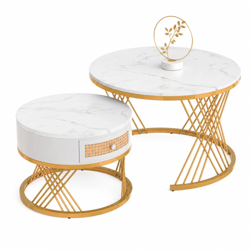 Set di tavolini da caff¨¨ rotondi 2 in 1 in MDF, colore bianco e oro, con cassetto e piano effetto marmo