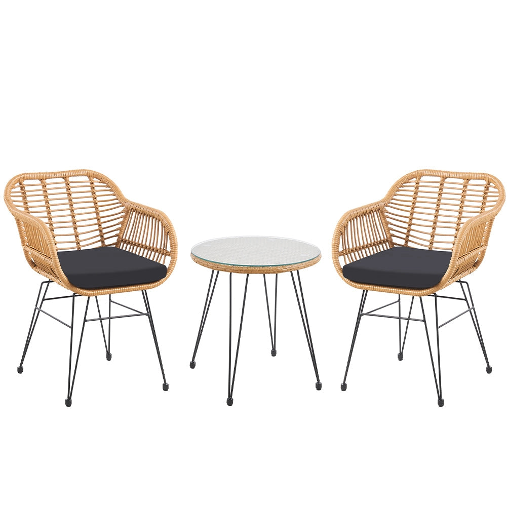 Set Arredo Giardino in Rattan con Tavolino Ripiano in Vetro e 2 Sedie da Esterno