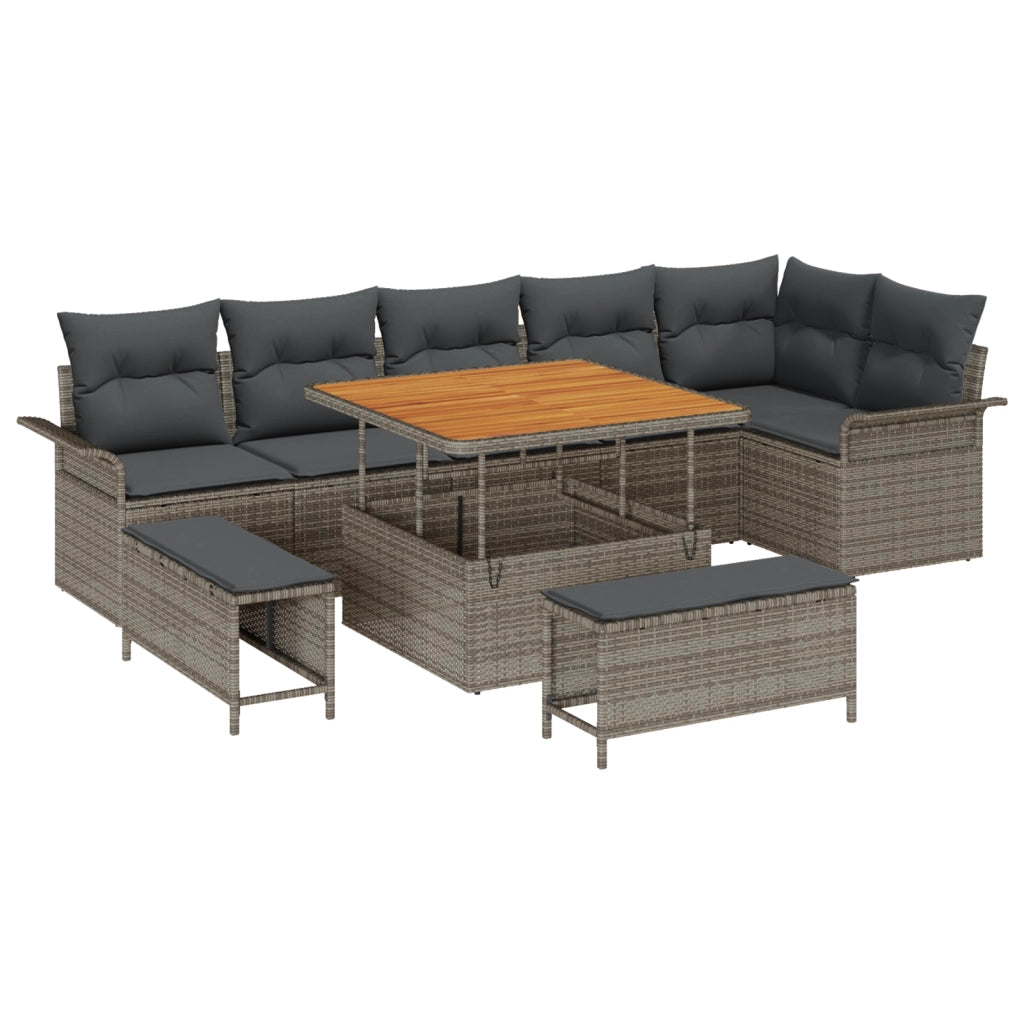 Set di divani da giardino 9 pezzi con cuscini grigio polyrattan acacia