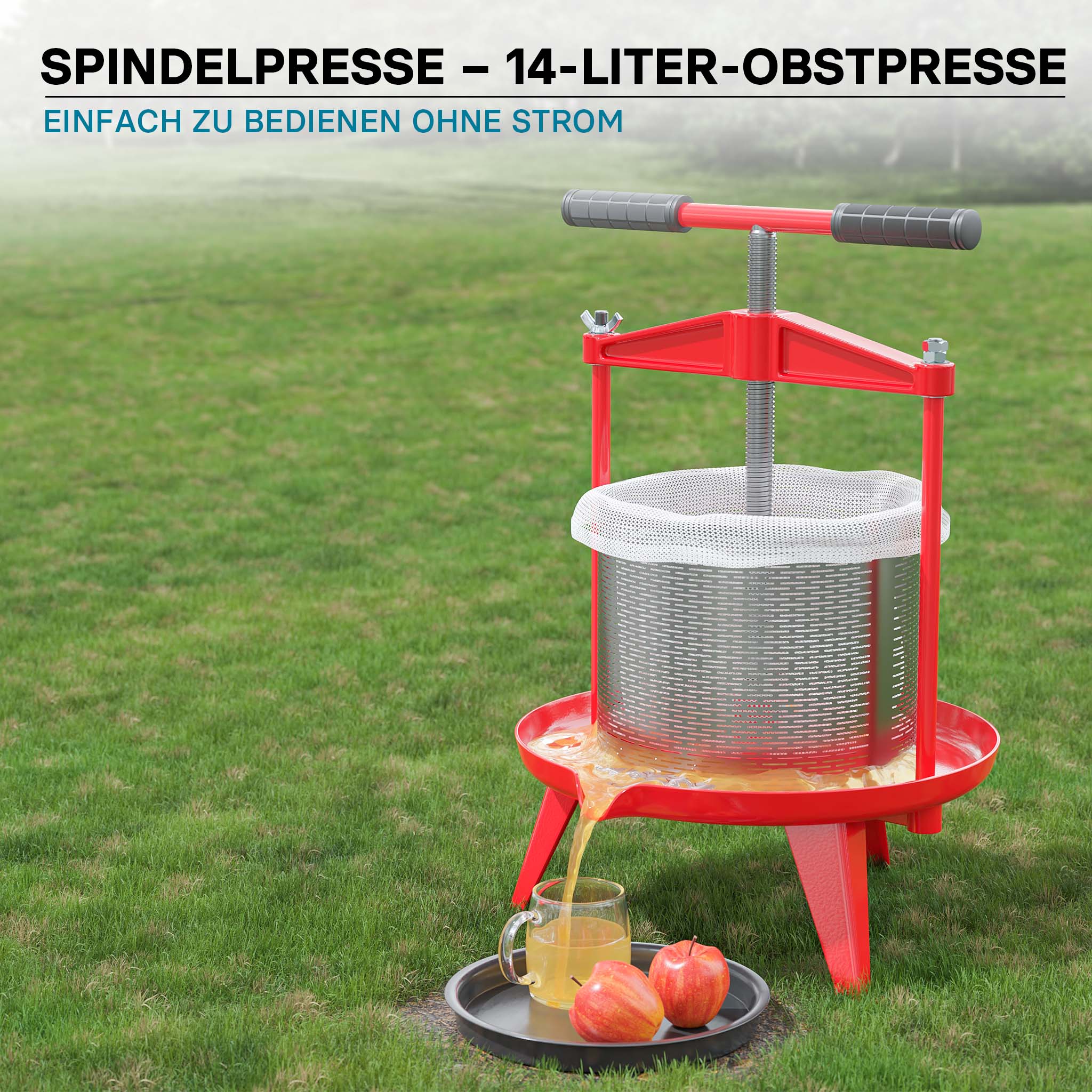 Torchio frutta da 14 litri, cestello in acciaio inox, con treppiede e beccuccio