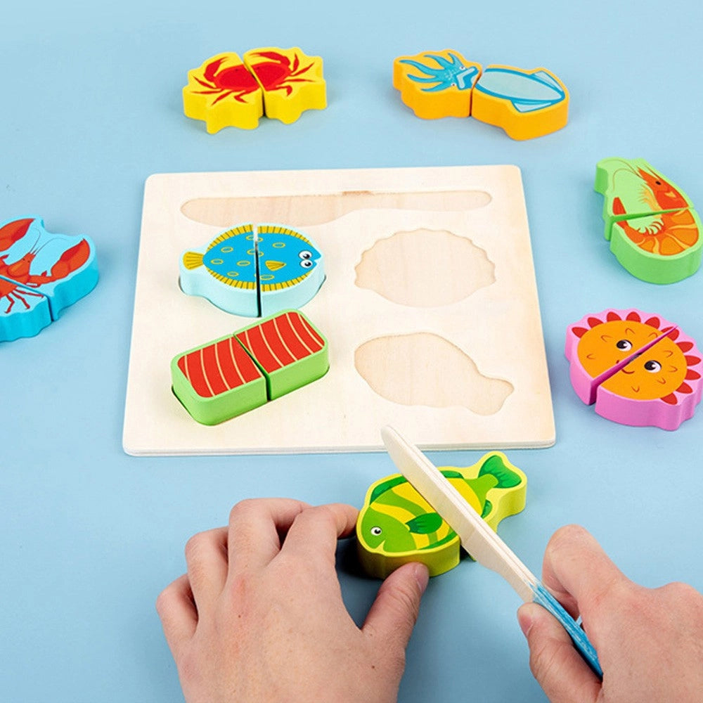 Trade Shop - Puzzle 3d Blocchi Legno Educativo Colorato Gioco Bambini Verdure Frutti Mare -