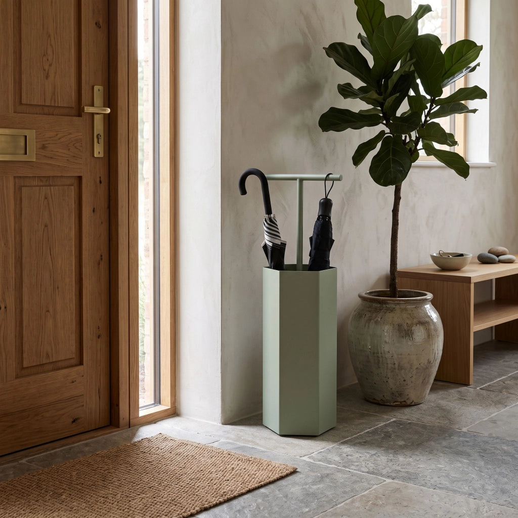 Ohm - Portaombrelli di Design 25x72x22 cm con Feritoia di Svuotamento acqua in Metallo Salvia