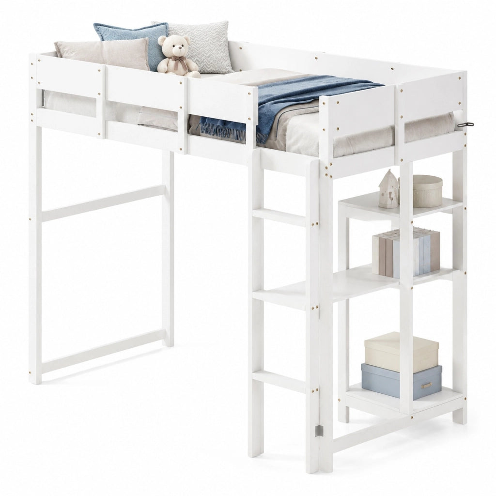 Letto a soppalco con ripiano 90 x 200 cm in legno massiccio di pino; bianco