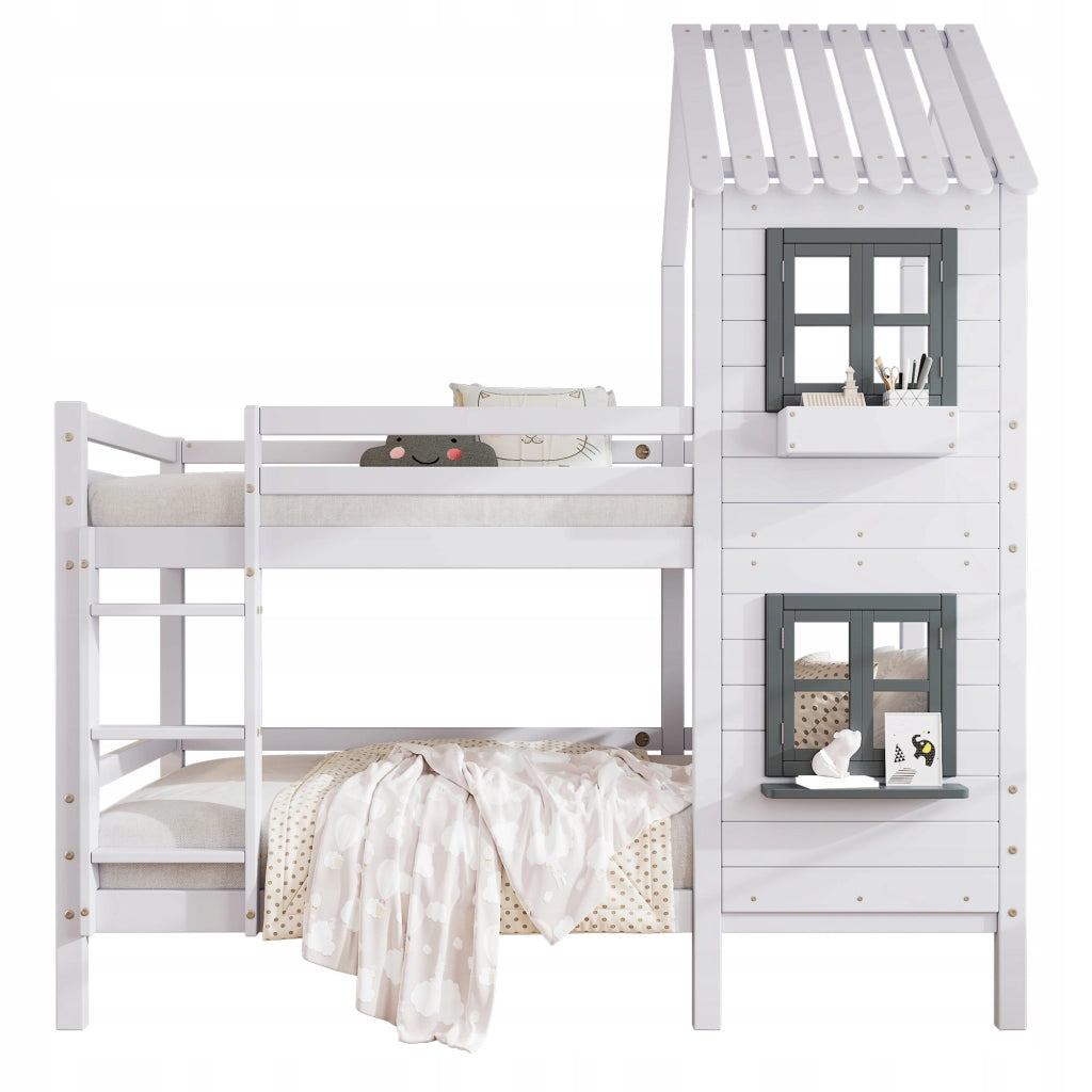 Letto a castello 90x200 - Xylo - Bianco con ringhiera e finestra
