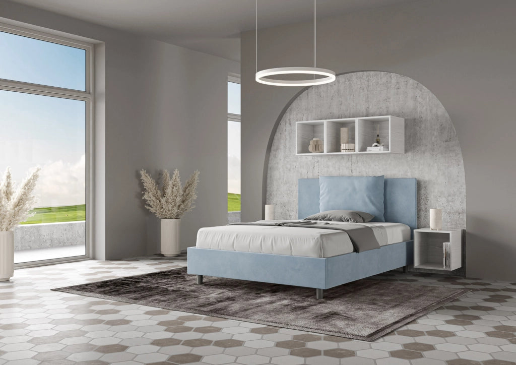 BS COM Letto matrimoniale francese contenitore imbottito 140x190 microfibra azzurro