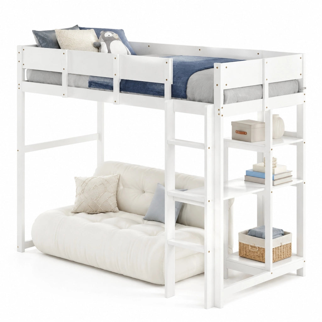 Letto a soppalco con ripiano 90 x 200 cm in legno massiccio di pino; bianco