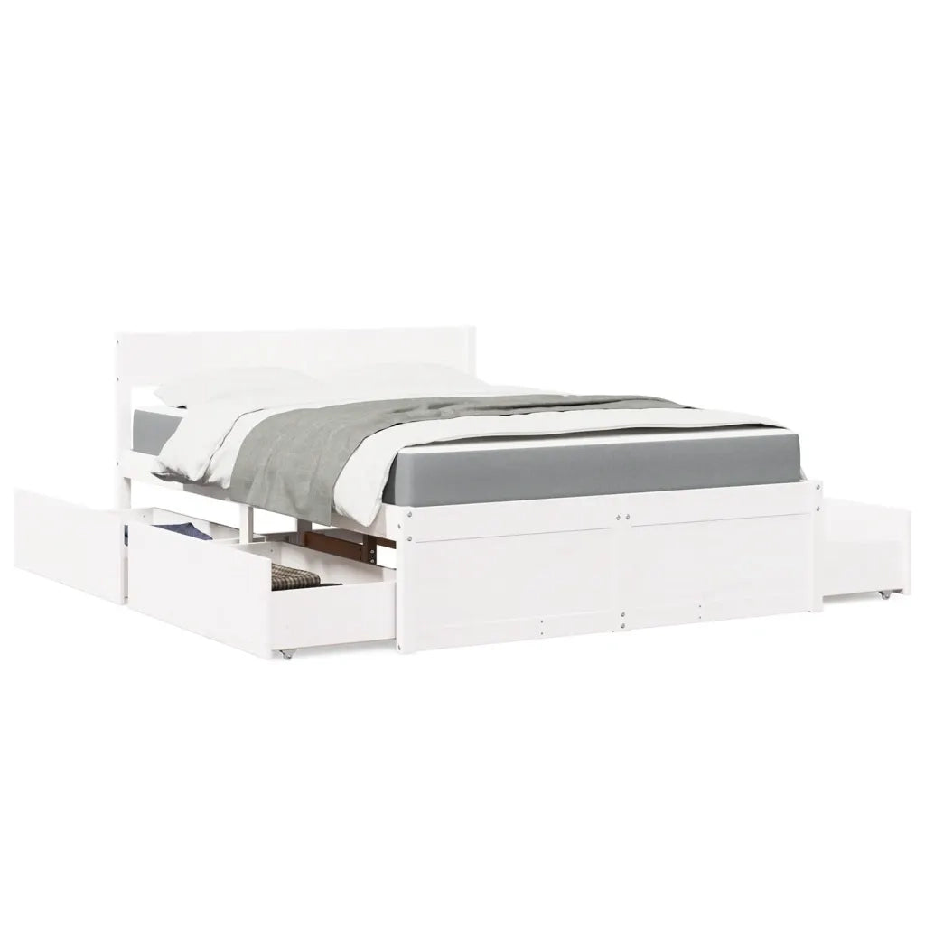 Letto Cassetti e Materasso Bianco 120x200cm Legno Massello Pino 3281902