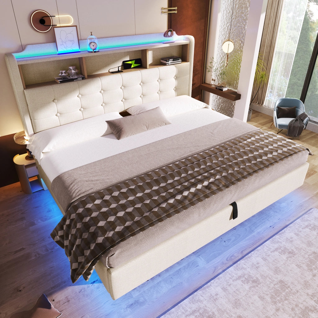 Letto matrimoniale contenitore 180x200 cm effetto sospeso con LED; testiera portaoggetti; USB e USB-C; lino beige