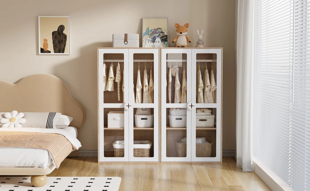 Scaffale con 10 livelli di altezza e asta appendiabiti, ante in acrilico, MDF bianco e naturale 80 × 50 × 150 cm