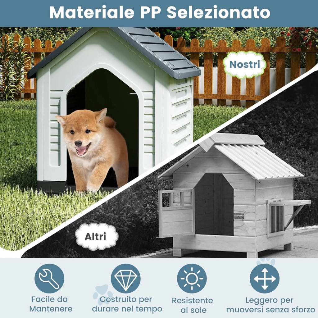 Cuccia per Cani da Esterno ed Interno, Cassetta per Cani Impermeabile con Porta in Metallo Bloccabile e Prese d'aria e Tetto Spiovente, Cucce per Cuccioli per Casa, 66,5 x 52 x 60 cm (Grigio)