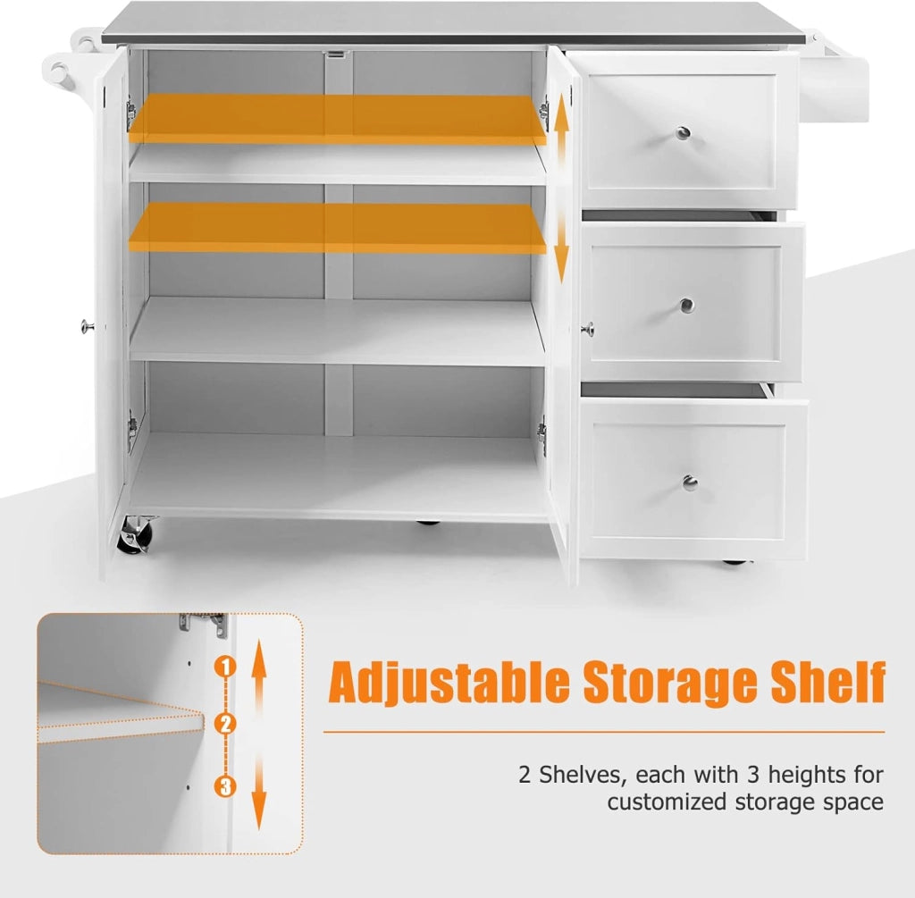 Isola da cucina mobile con piano di lavoro in acciaio inox, carrello da cucina con 3 cassetti e portasciugamani e ripiano regolabile, mobile da cucina su ruote, carrello da cucina 135 x 45,5