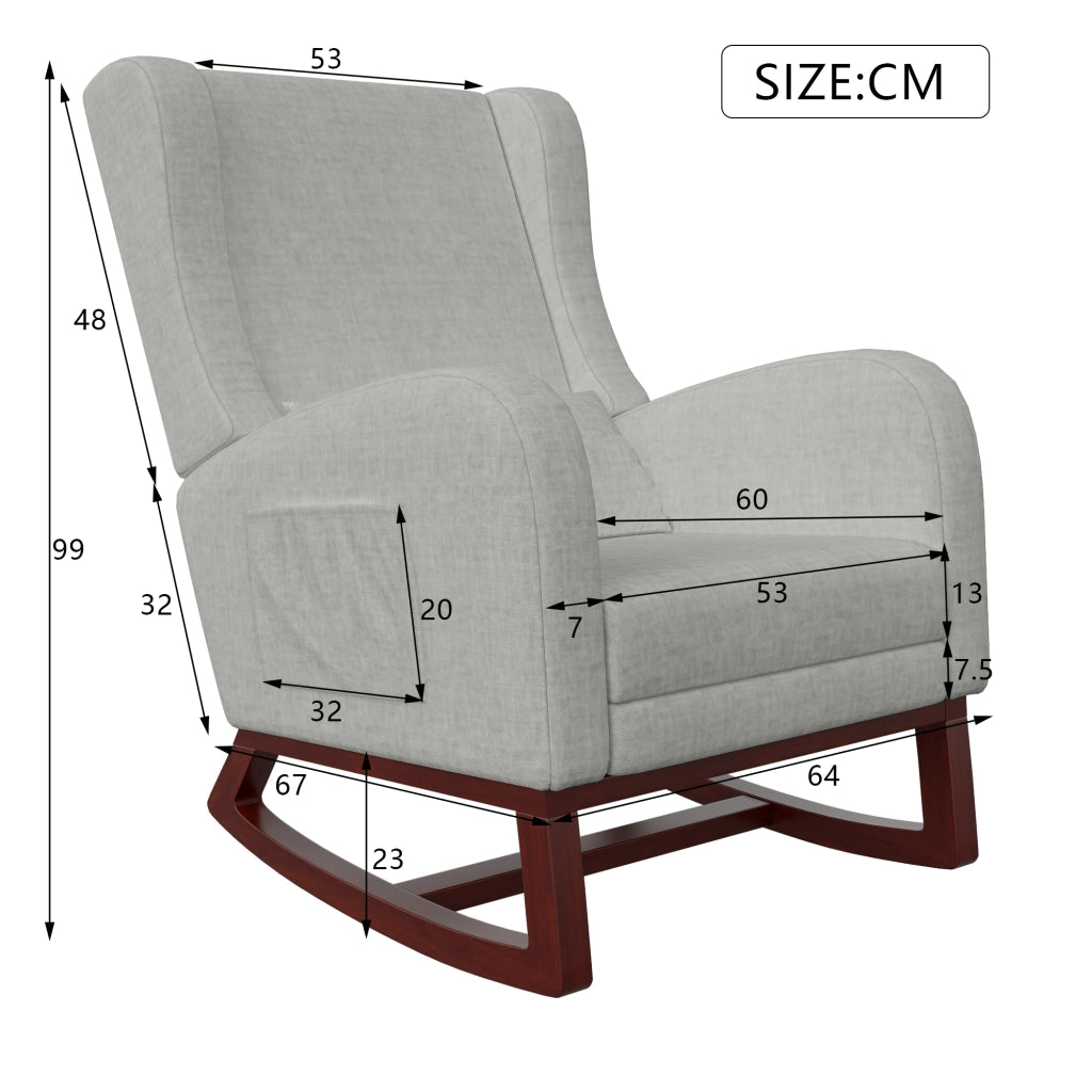 Poltrona relax a dondolo 67x64x99 cm con poggiapiedi; sedia a dondolo da interno per allattamento struttura in legno e velluto opaco; grigio