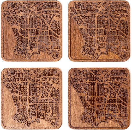 Onderzetters con mappa di Los Angeles, realizzati in sapele, 4 pezzi, con mappa della città, diverse città opzionale, fatti a mano