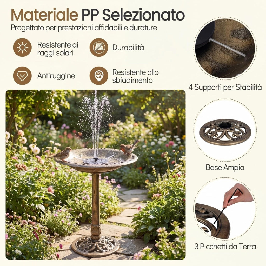Mangiatoia per Uccelli da Esterno 2 in 1, Vasca per Uccelli con 6 Tipi di Ugelli, Base Robusta e Picchetti, Fontana Moderno Resistente alle Intemperie per Giardino e Cortile