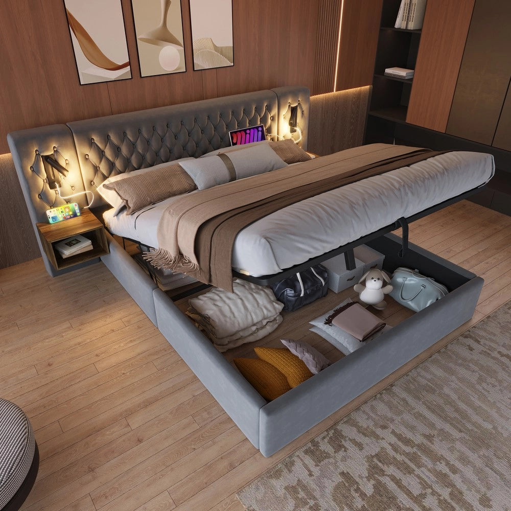 Letto Contenitore Matrimoniale Imbottito ¨C MINIMAL ¨C Grigio Velluto 160x200, 2 Comodini, Testiera LED USB, Idraulico
