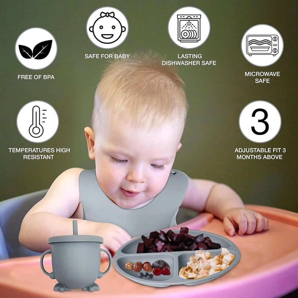 Trade Shop - Set 10pz Pappa Svezzamento Bambini Silicone Piatto Ciotola Cucchiaio Forchetta Bavaglini -