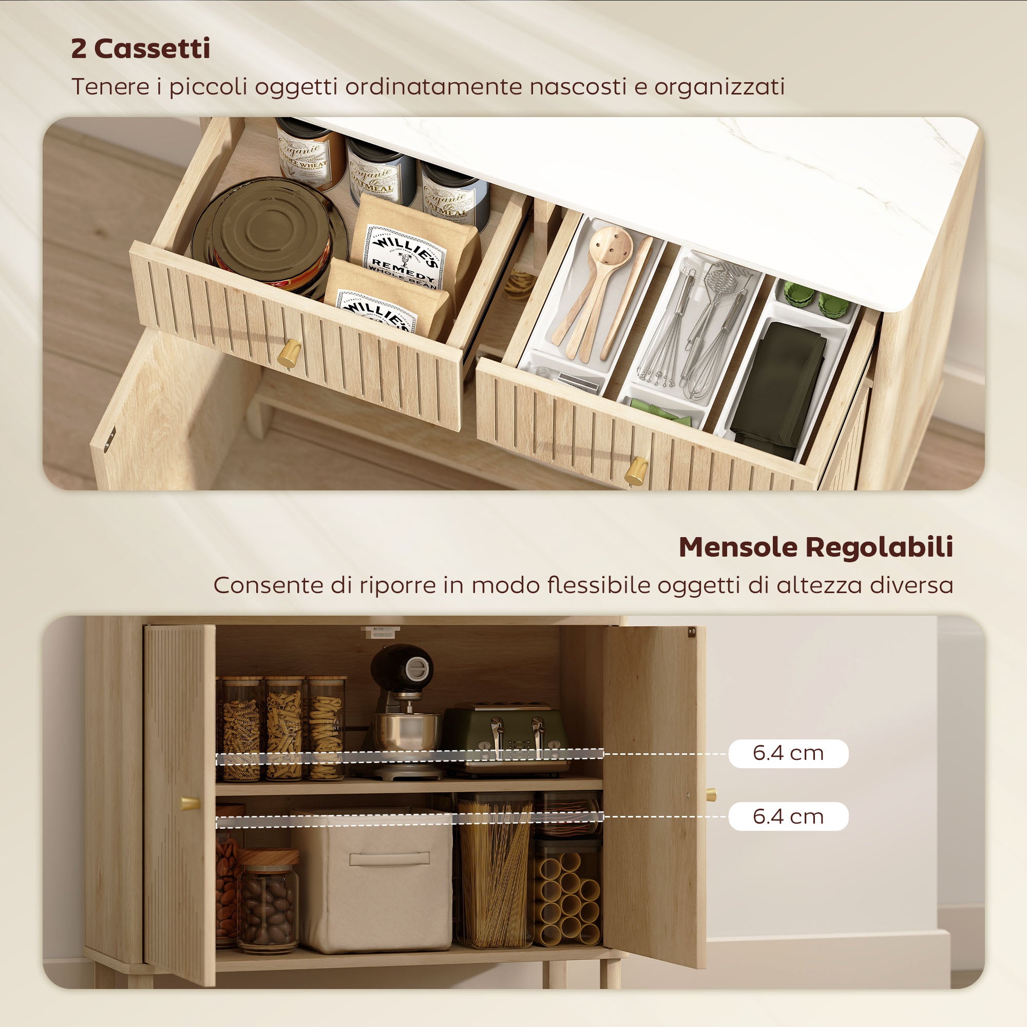 Credenza Buffet 77x30x80 cm con Piano d'Appoggio Effetto Marmo in Legno Rovere