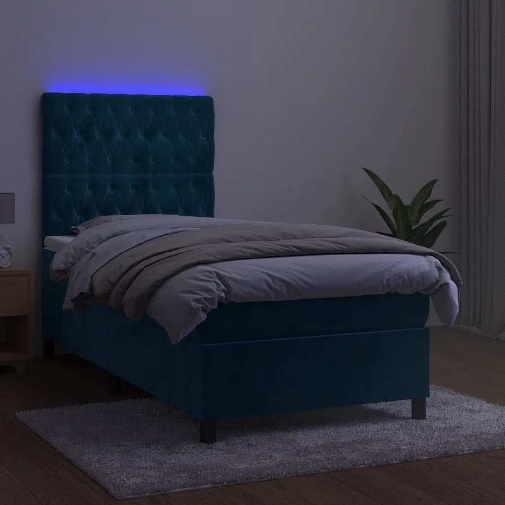 Letto a Molle con Materasso e LED Blu Scuro 90x200cm in Velluto 3136285
