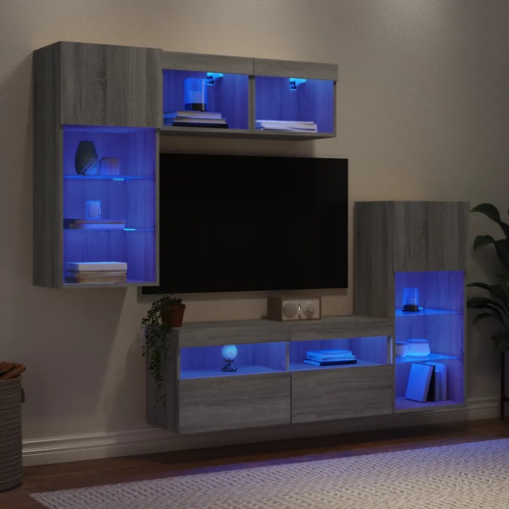 Mobili TV a Muro con LED 5pz Grigio Sonoma in Legno Multistrato 3216730