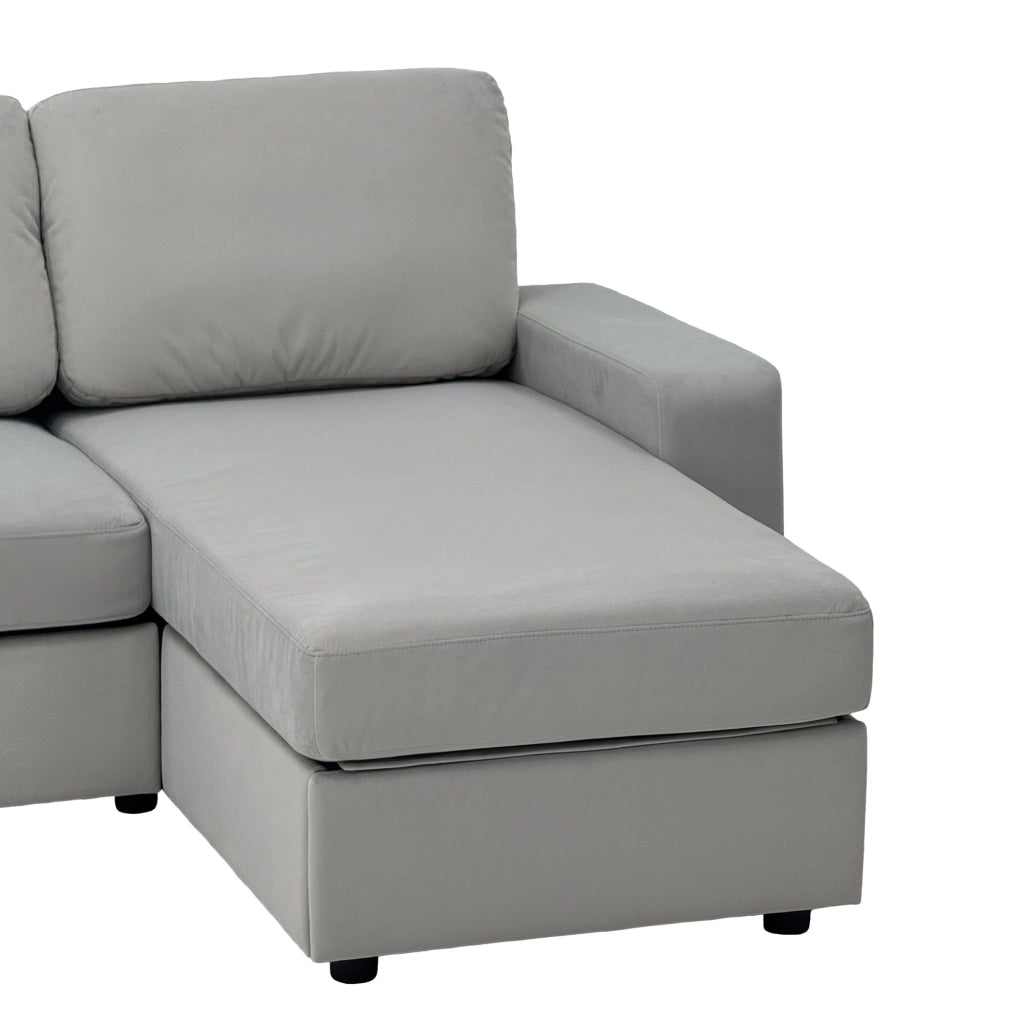 Divano angolare con 4 vani contenitori e chaise longue reversibile in poliestere grigio chiaro 245,5 cm