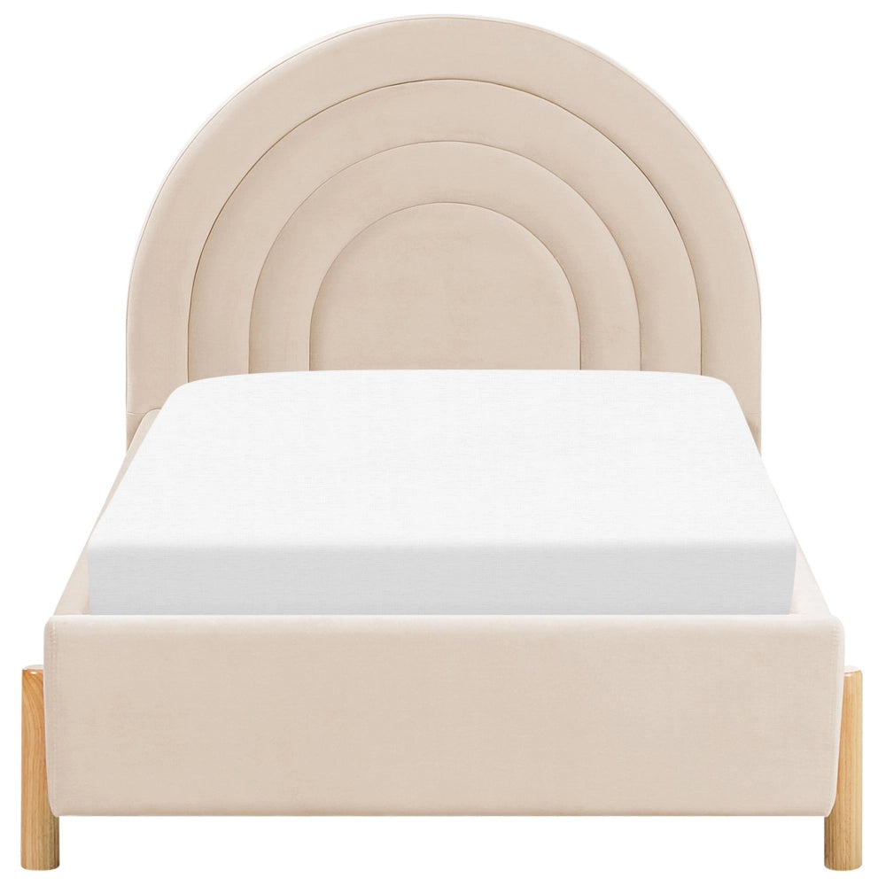 Letto con Contenitore in Velluto beige, Misura Singola 90 x 200 cm Design Minimalista Retro con Testiera a Mezza Luna