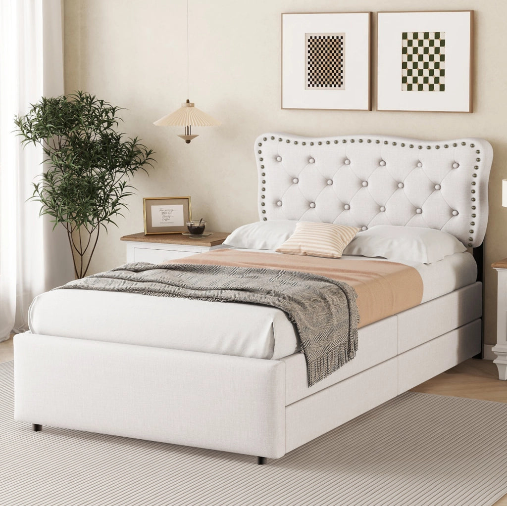 Letto imbottito 90x200 cm beige chiaro con cassetti doppi e decorazioni con borchie