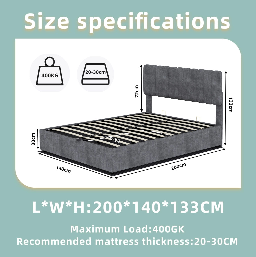 Letto imbottito 140x200 cm grigio con contenitore e testiera morbida