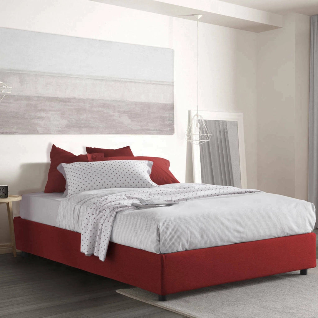 Letto matrimoniale Attilino, Letto contenitore con rivestimento in tessuto, Made in Italy, Apertura frontale, adatto per materasso cm 140x190, Rosso