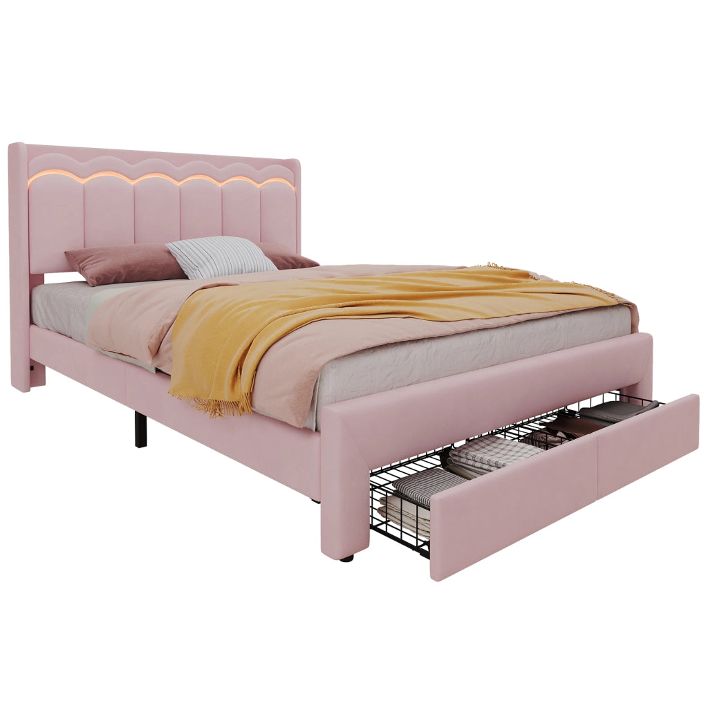 Letto imbottito per bambini 140 ¡Á 200 cm in velluto rosa con 2 cassetti e LED controllata tramite app