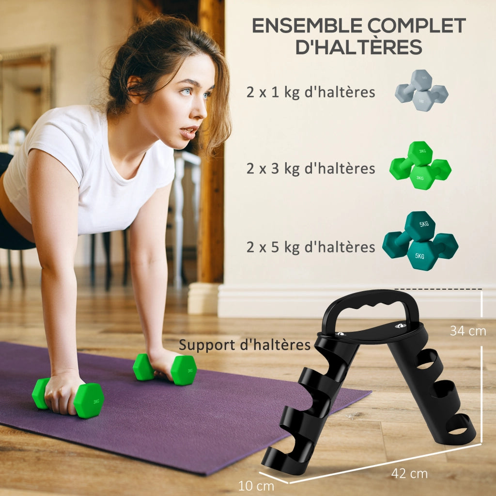 Set di manubri esagonali ¨C zephmum ¨C 2x1 kg, 2x3 kg, 2x5 kg, con supporto