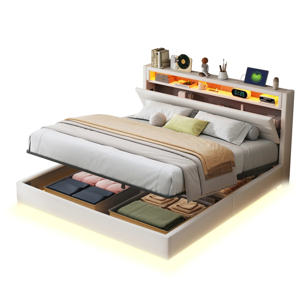 Letto matrimoniale imbottito 160x200 cm con USB; LED e contenitore idraulico; beige