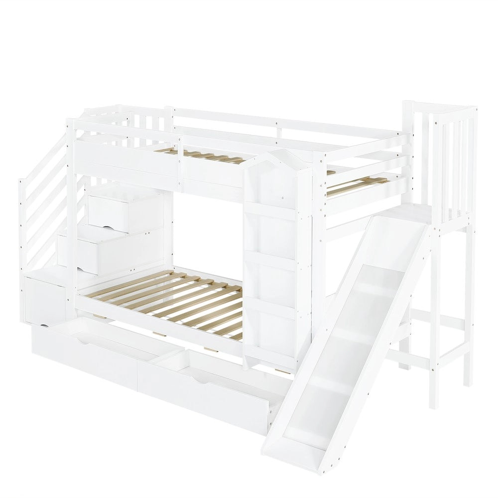 Letto a Castello per Bambini con Scivolo, Cassetti e Libreria ¨C Xylo ¨C Pino/MDF, Bianco, 90x200