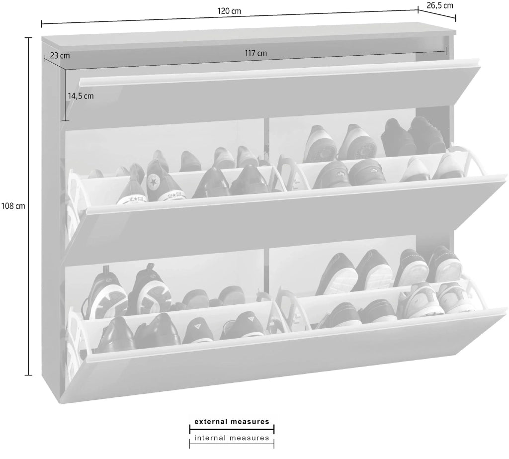 Scarpiera 3 ante L 120 x H 108 x P 26.5 cm 24 paia, grigio