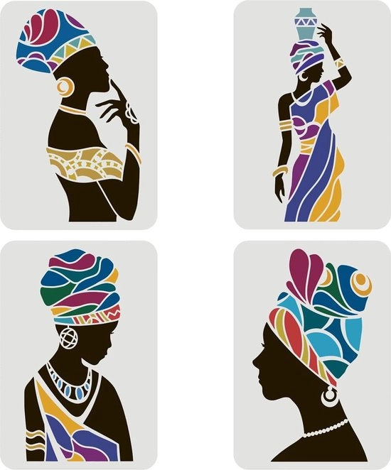 4 pezzi Stencil Donne Tribal 29,7x21cm - Stencil per Parete per la Pittura - Stencil Reutilizzabile Grande per Arti e Manufatti DIY - Stencil PET per la Pittura su Parete e Tessuto